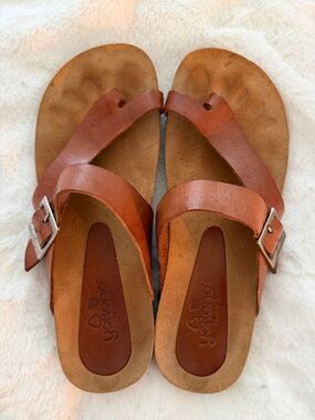 Women's Brown Leather Buckle Slide Sandals